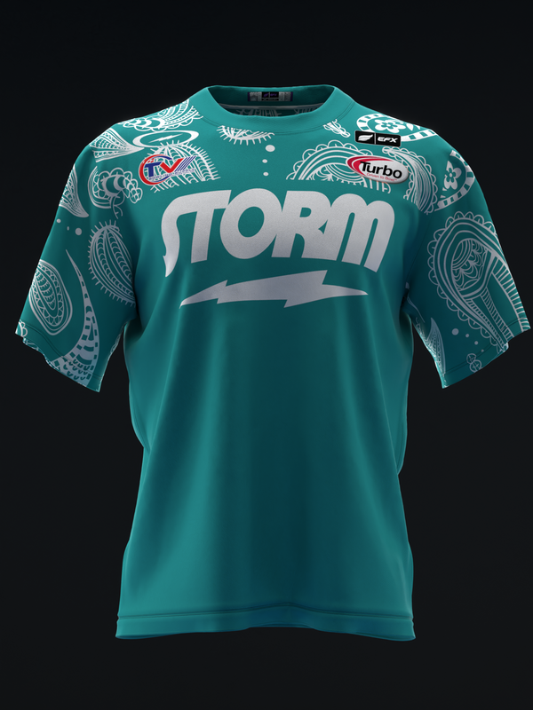 Teal bowling jersey with Storm logo and cactus paisley sleeve pattern