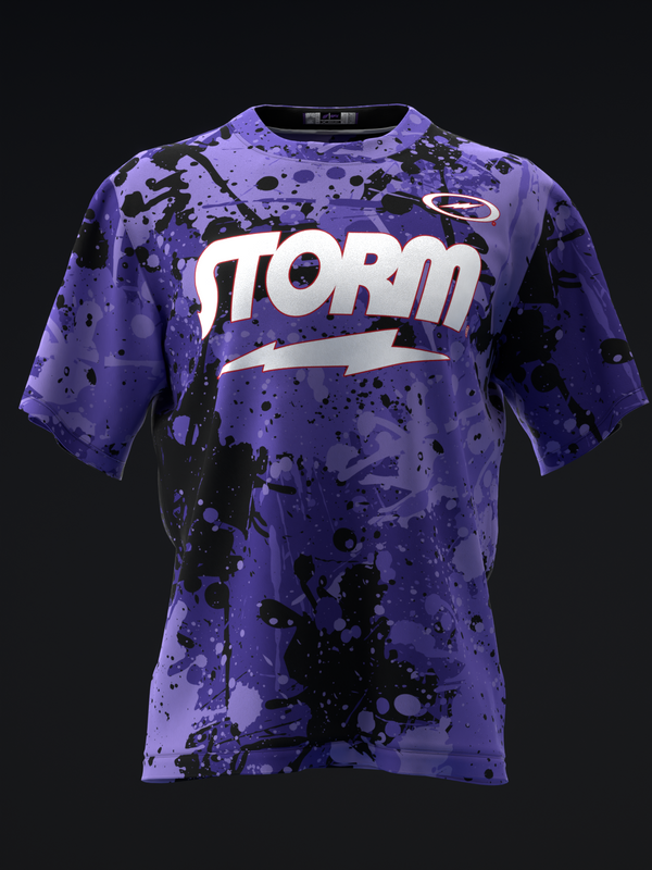 Purple bowling jersey with black splatter pattern and white Storm text graphic