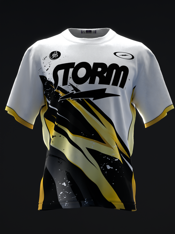 White bowling jersey with black and gold lightning graphic design, front view