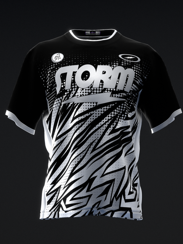Black and silver bowling jersey with dynamic lightning bolt graphic on front