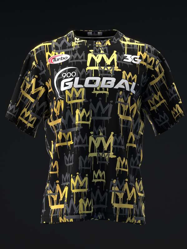 Black bowling jersey with yellow and gray crown pattern and Global logo