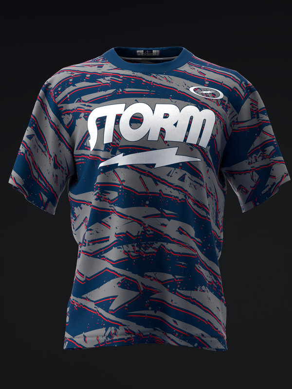 Front view of Storm bowling jersey with blue and red marble pattern, white logo and lightning bolt graphic
