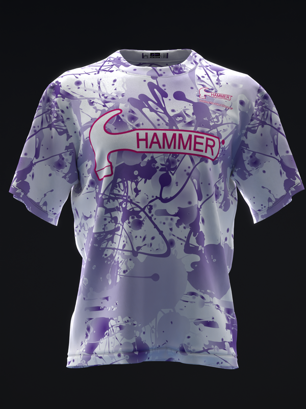 White and purple splatter-patterned bowling jersey with Hammer logo front view