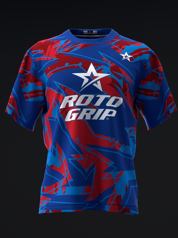 Blue and red bowling jersey with Roto Grip logo and star graphic