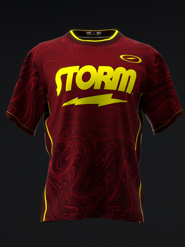 Red bowling jersey with yellow Storm logo and swirl pattern design, front view