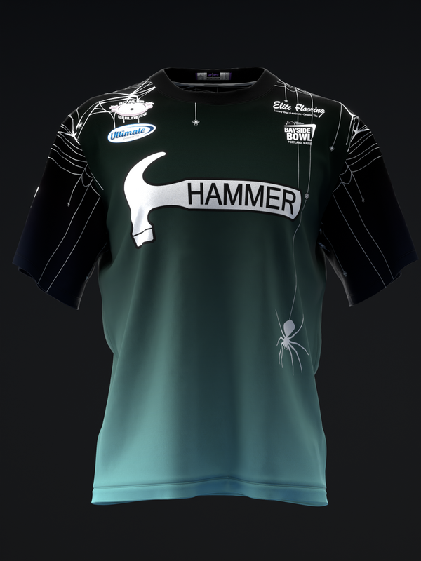 Black and teal bowling jersey with Hammer logo and spider graphic details