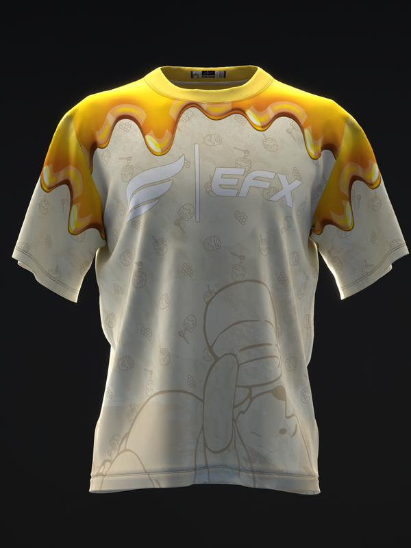 Cream bowling jersey with gold drip design and EFX logo on front