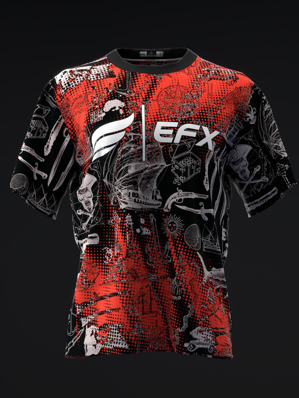 Red and black bowling jersey with EFX logo and pirate-themed graphic design, front view