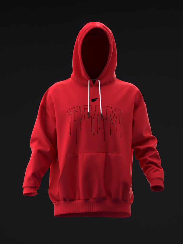 Red pullover hoodie with Team text graphic on front chest