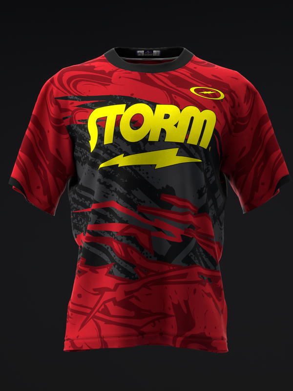Red and black bowling jersey with yellow Storm text and lightning bolt graphic, front view