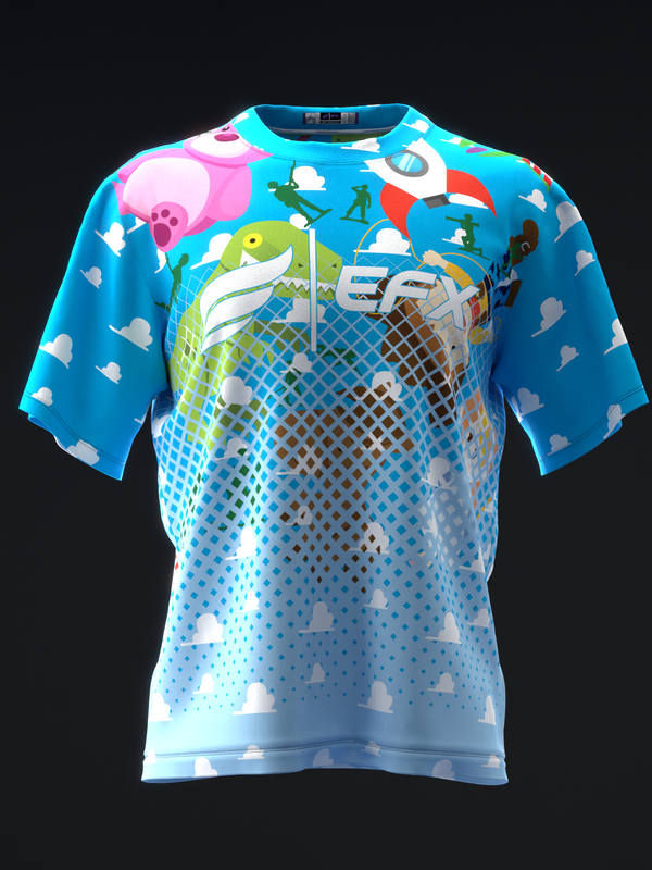 Blue bowling jersey with colorful toy-themed graphic and cloud pattern throughout