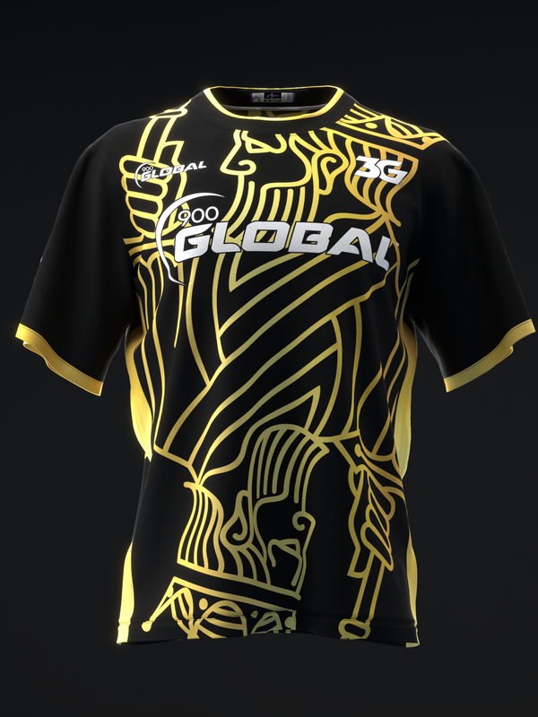 Black bowling jersey with gold abstract graphic design and white text on front