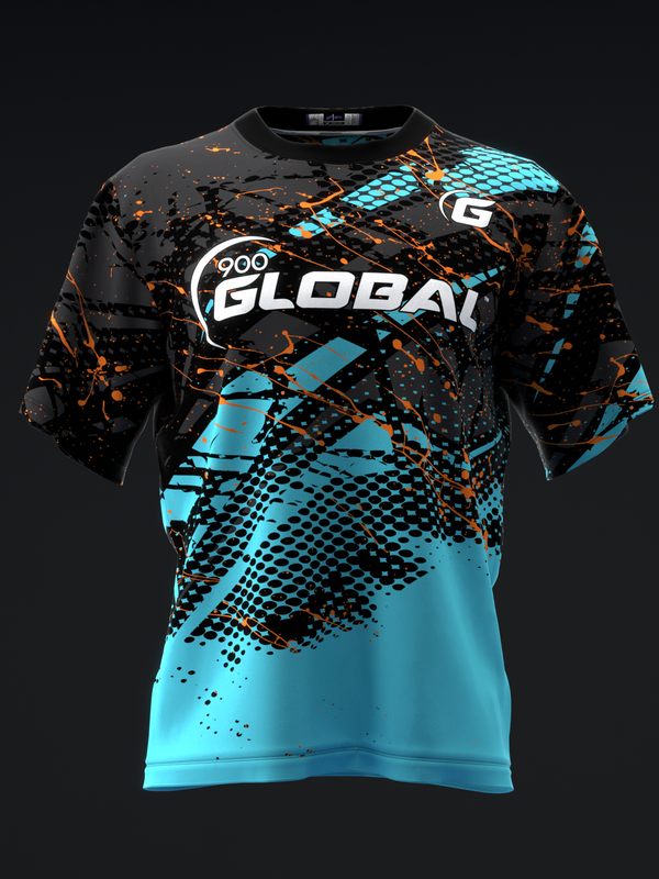 Black and cyan bowling jersey with 900 Global logo and geometric splatter design front view