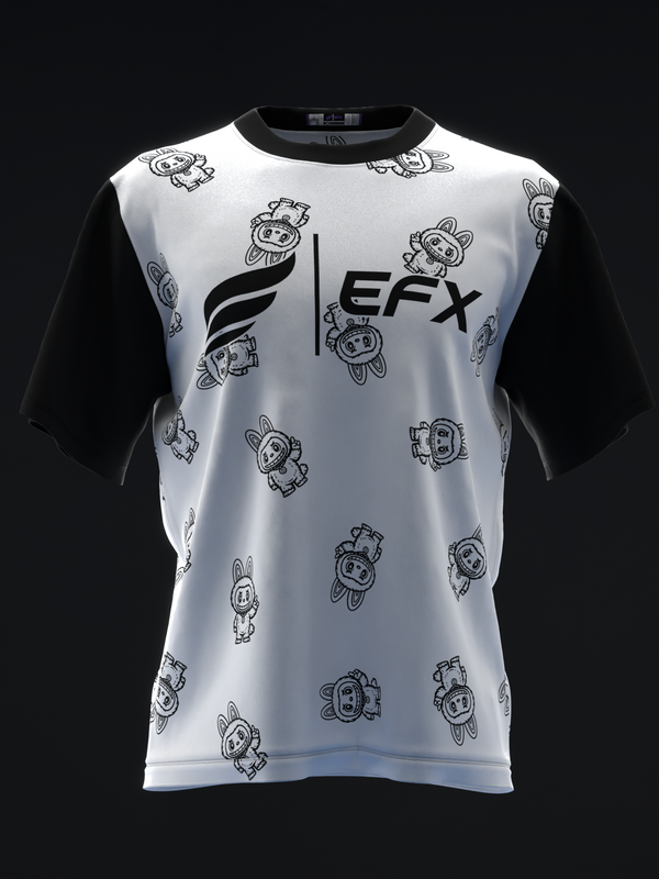 White bowling jersey with black sleeves and repeating cartoon character pattern throughout