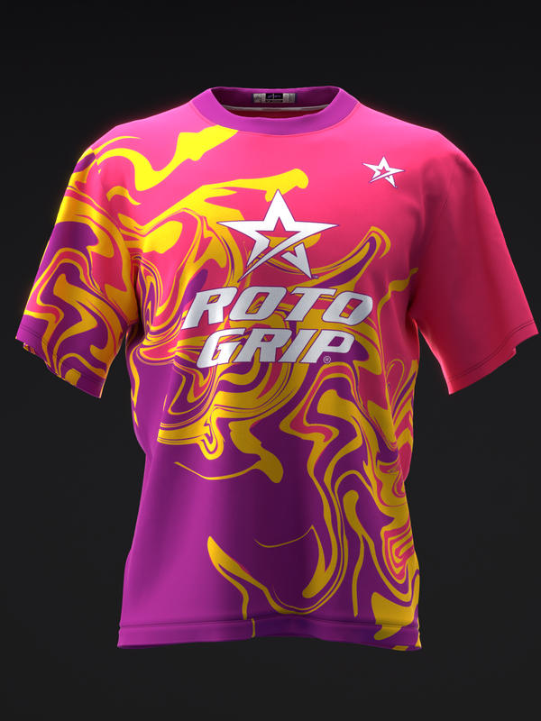 Front view of pink and purple bowling jersey with yellow swirl pattern and Roto Grip logo