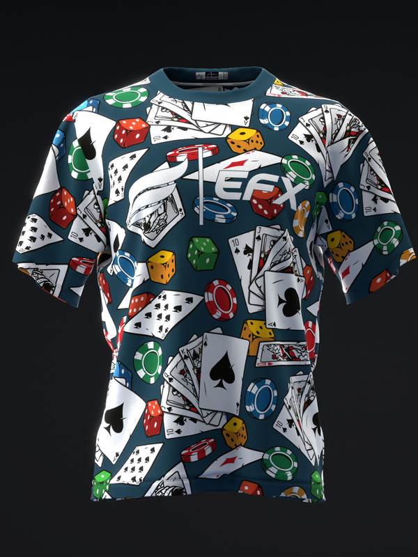 Dark teal bowling jersey with playing cards, dice, and poker chips pattern