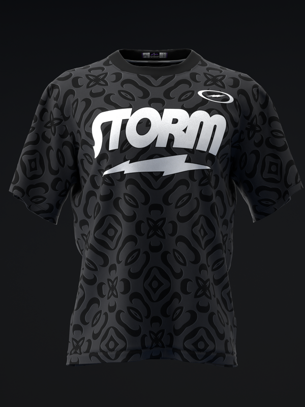 Black bowling jersey with Storm logo and embossed geometric pattern, front view