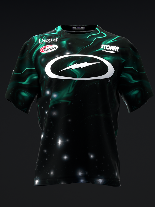 Black bowling jersey with teal marble pattern and white oval logo front view