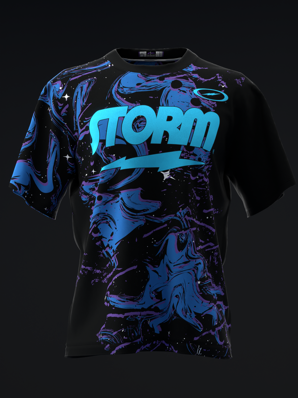 Black bowling jersey with cyan and purple liquid swirl design and Storm text front view