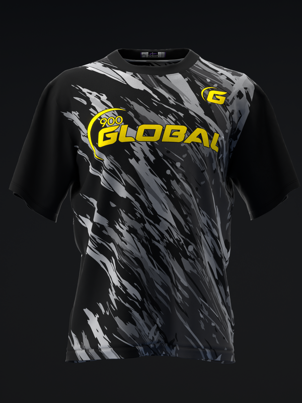 Black bowling jersey with gray and white streaked pattern and yellow 900 Global logo