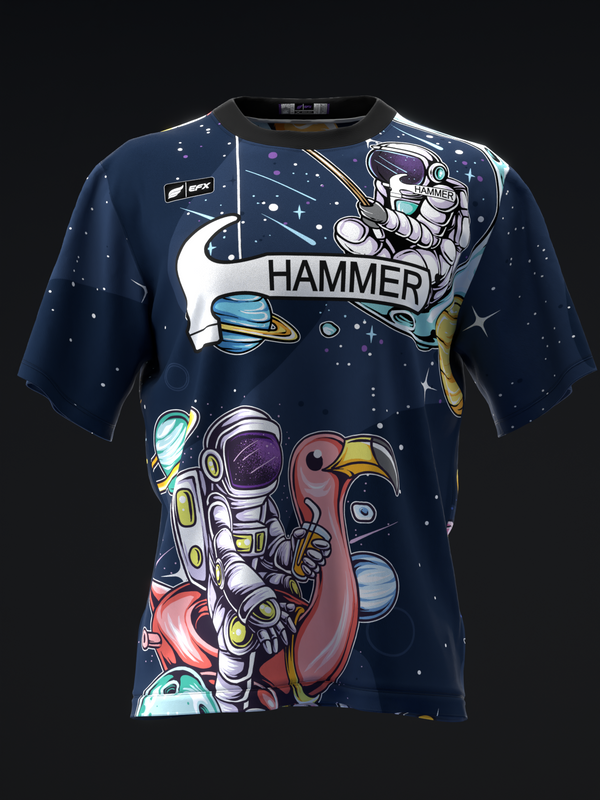 Navy bowling jersey with astronaut and space-themed graphic design front view