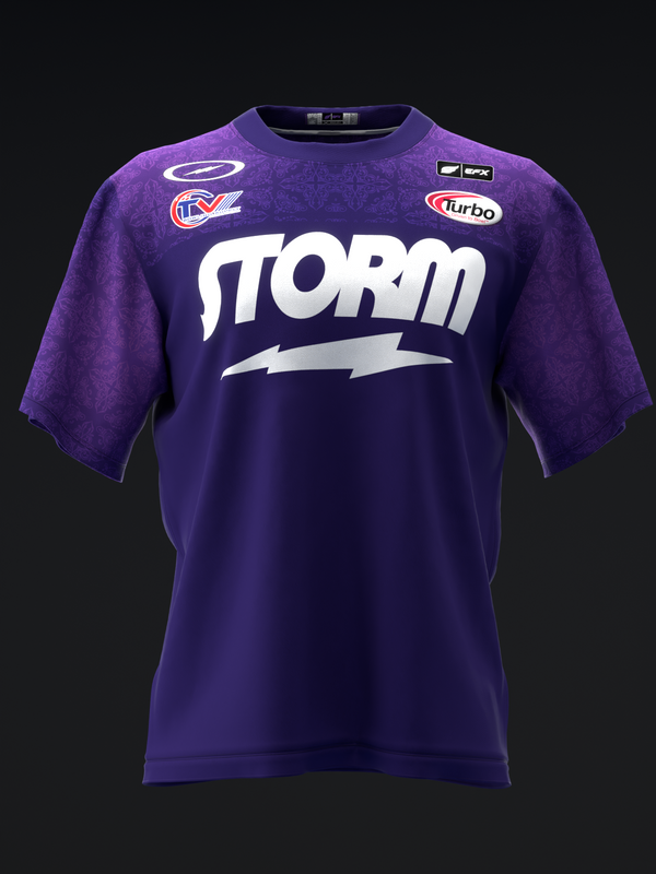 Purple bowling jersey with Storm logo and sponsor patches, front view
