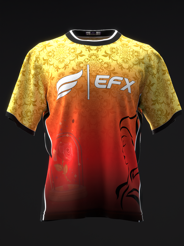 Yellow damask patterned bowling jersey with red ombre gradient and EFX logo, front view