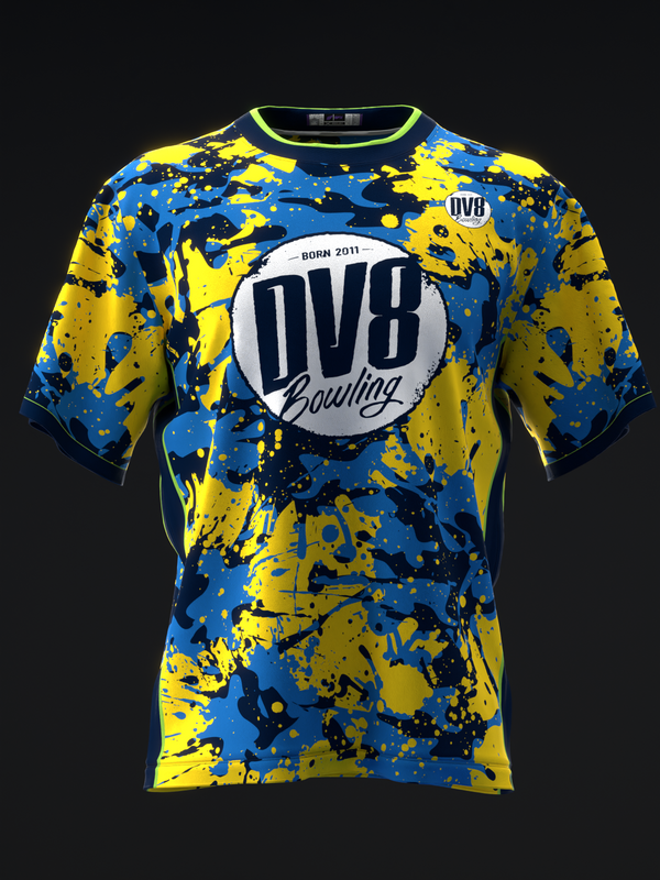 Front view of blue and yellow splatter-patterned bowling jersey with DV8 logo