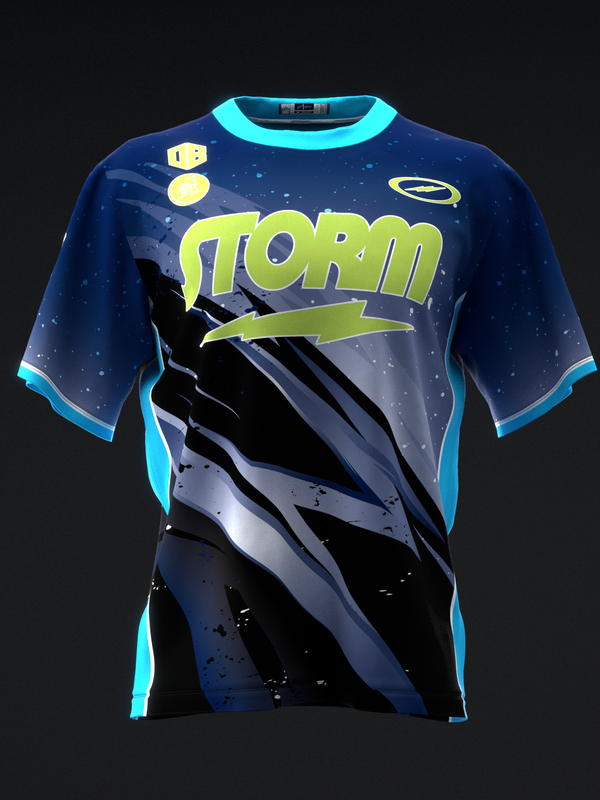 Navy bowling jersey with cyan trim, neon yellow Storm text and lightning graphic design