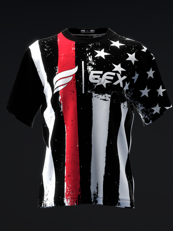 Black bowling jersey with red, white, and distressed star graphic design