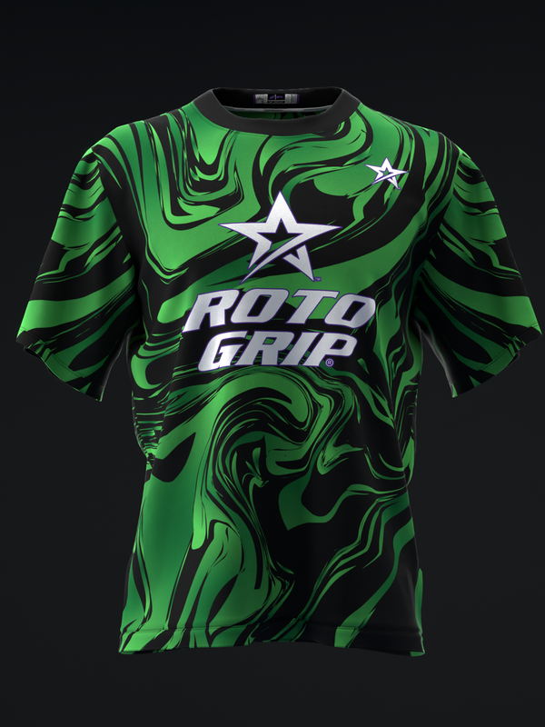 Green and black swirled bowling jersey with Roto Grip logo and star, front view