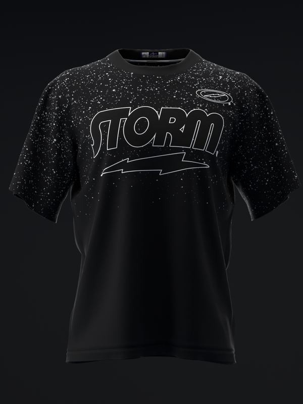 Black bowling jersey with white speckled pattern and Storm text graphic, front view