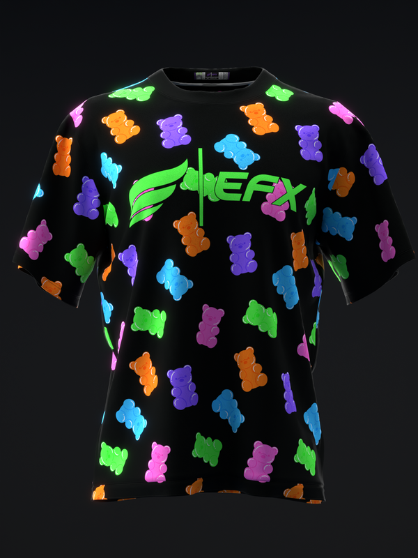 Black bowling jersey with neon gummy bear pattern and green logo, front view