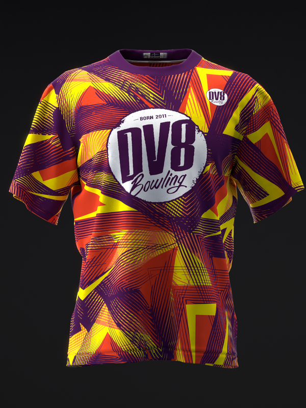 DV8 Verge Hybrid bowling jersey with bold purple, yellow, red geometric pattern