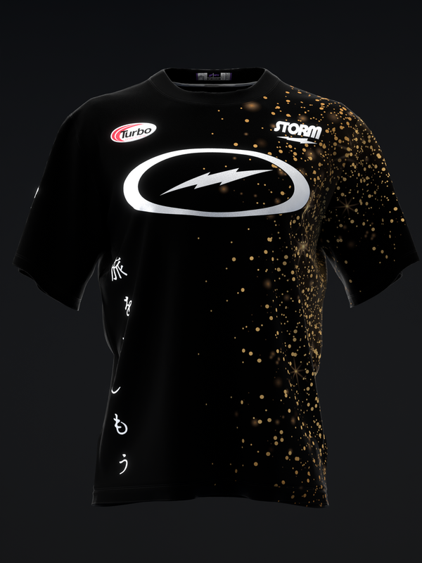 Black bowling jersey with white oval logo and gold glitter pattern, front view