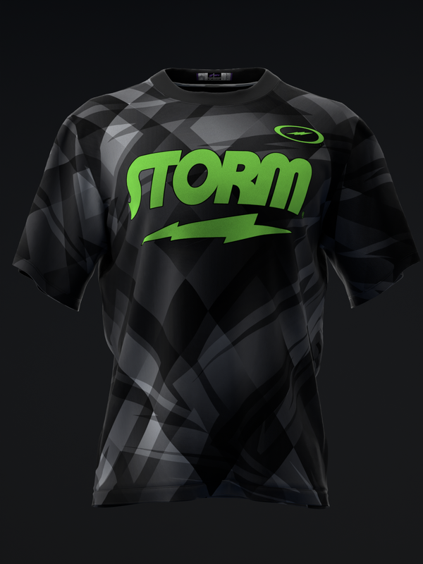 Black bowling jersey with gray argyle pattern and lime green Storm logo