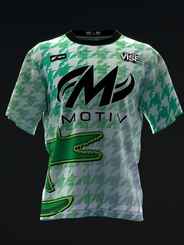 Green and white houndstooth bowling jersey with Motiv logo and crocodile graphic
