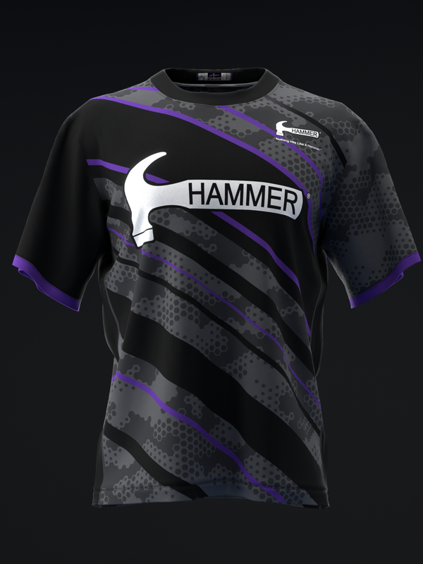 Black bowling jersey with purple accents and diagonal striped pattern design, front view