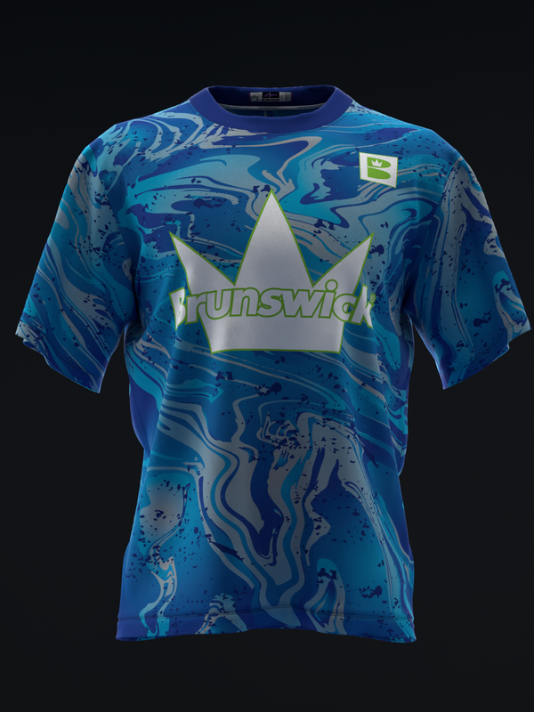 Blue bowling jersey with swirled abstract pattern and crown logo graphic, front view