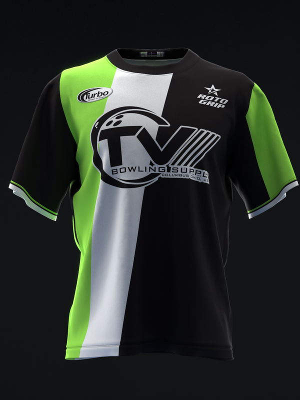 Black bowling jersey with neon green sides and white center stripe