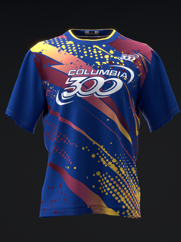 Blue bowling jersey with Columbia 300 logo and diagonal abstract design in red, yellow, and gold