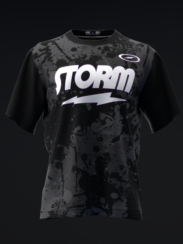Black bowling jersey with gray splatter pattern and white Storm logo