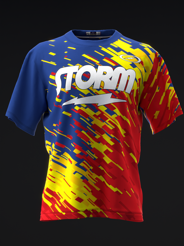 Blue, red, and yellow bowling jersey with Storm logo and diagonal stripe pattern