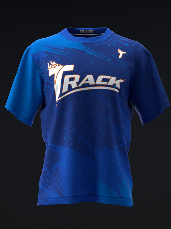 Blue bowling jersey with Track logo and abstract geometric pattern design