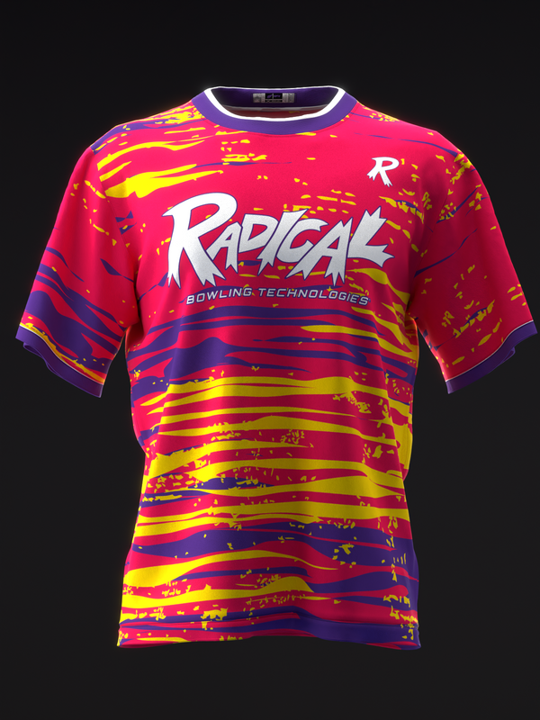Hot pink bowling jersey with yellow, purple striped pattern and Radical logo