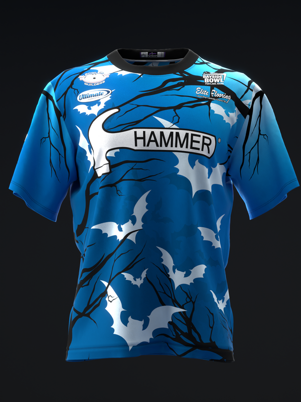 Blue bowling jersey with bat and branch graphic design and Hammer logo
