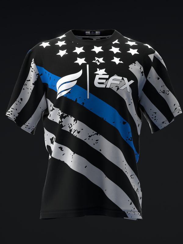 Black bowling jersey with white stars, blue and gray diagonal stripes, front view