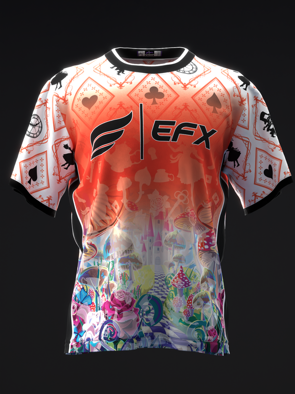 Front view bowling jersey with coral red upper half, playing card suits pattern on sleeves, colorful floral garden design on lower half, EFX logo center chest