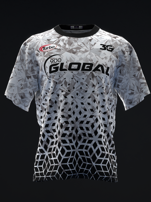 White bowling jersey with geometric pattern and 900 Global logo, front view