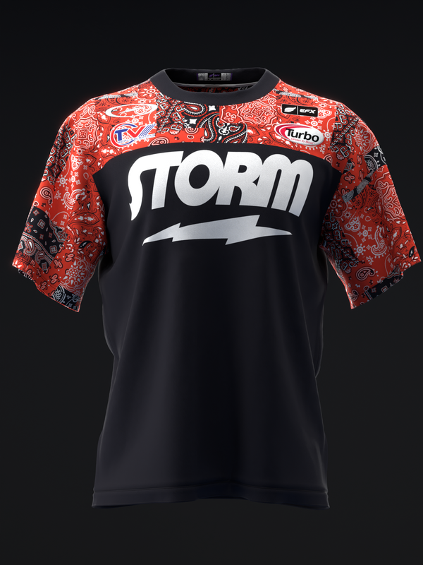 Storm bowling jersey with black body and red patterned sleeves, front view